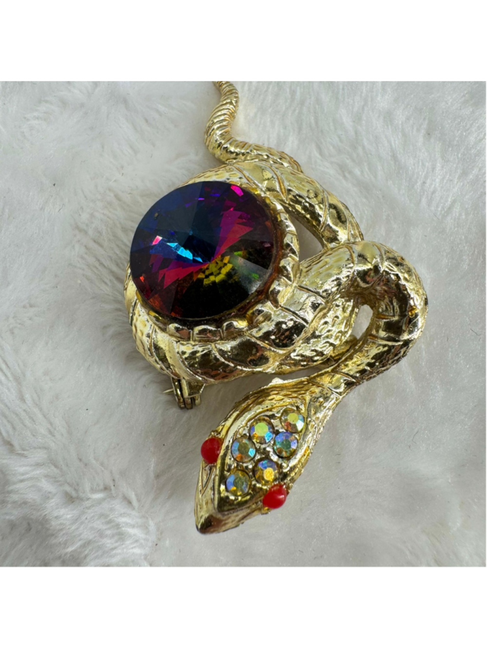 Vintage Snake Serpent Brooch Rhinestones Jewel Eyes Iridescent Rivoli Crystal